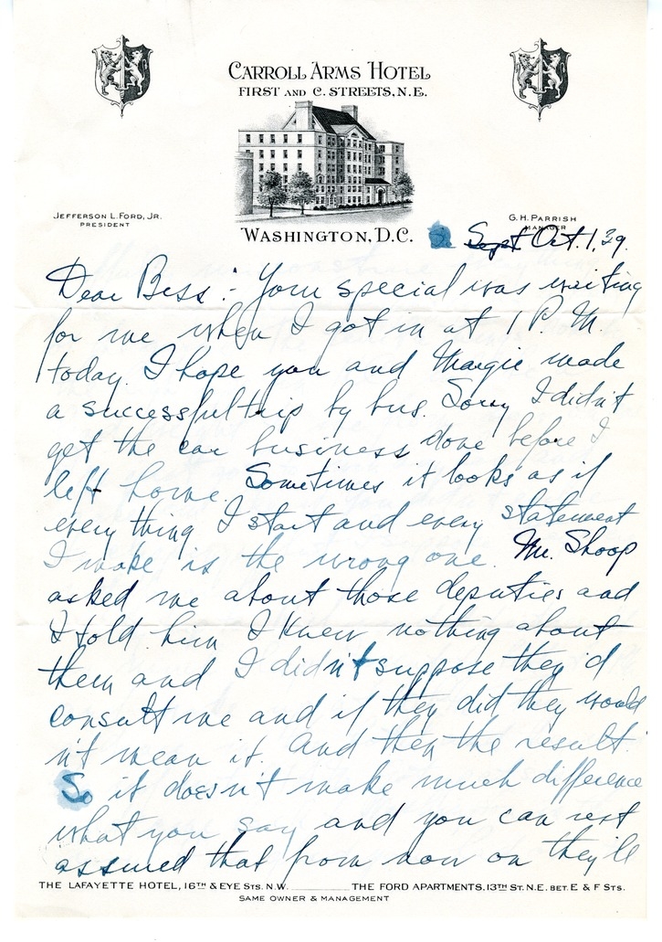 Letter from Harry S. Truman to Bess W. Truman