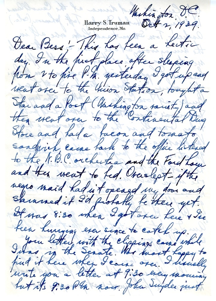 Letter from Harry S. Truman to Bess W. Truman