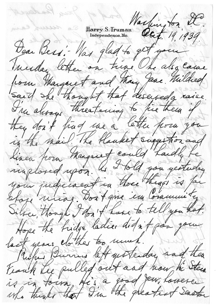 Letter from Harry S. Truman to Bess W. Truman