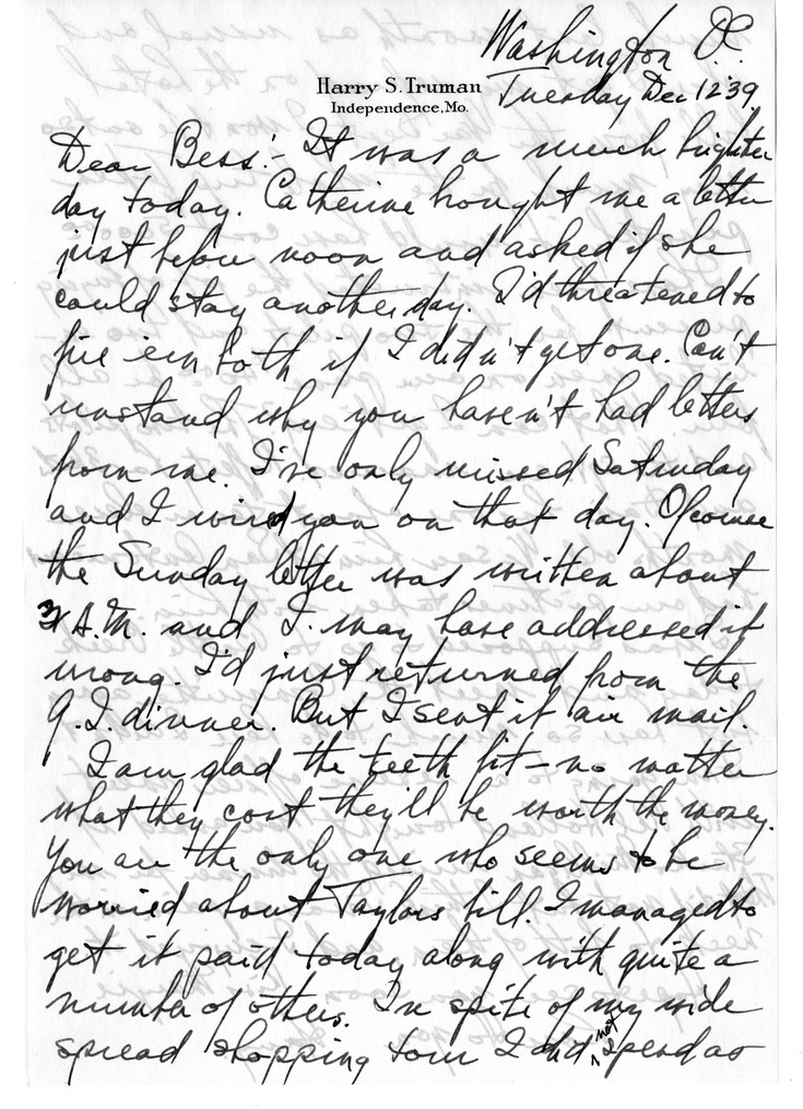 Letter from Harry S. Truman to Bess W. Truman