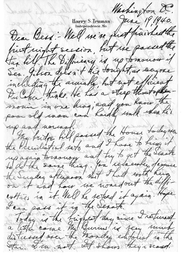 Letter from Harry S. Truman to Bess W. Truman