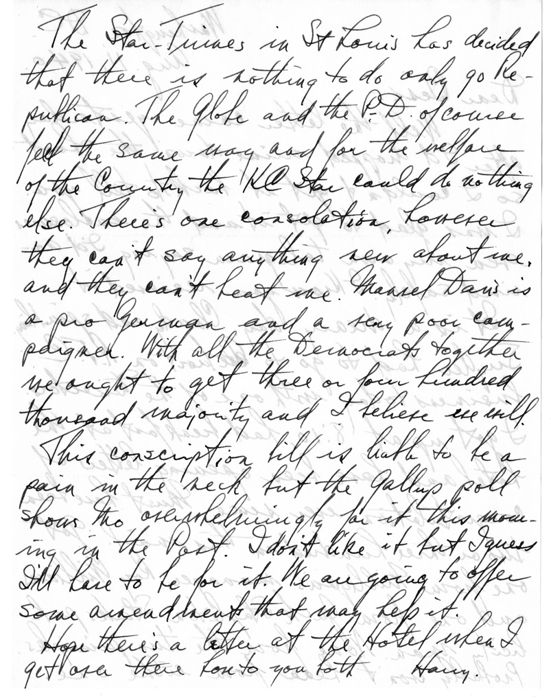 Letter from Harry S. Truman to Bess W. Truman