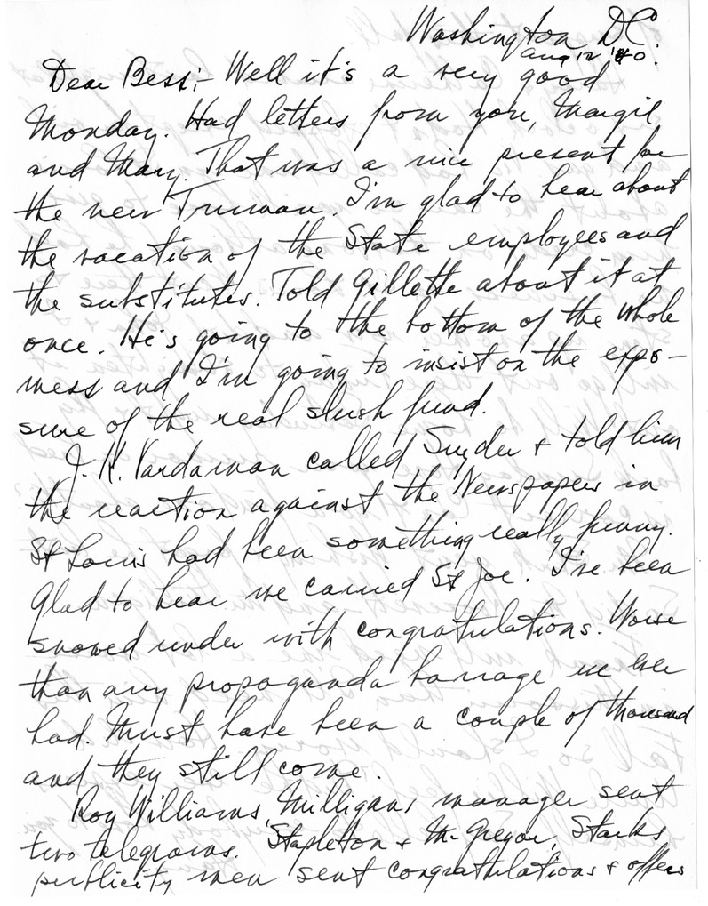 Letter from Harry S. Truman to Bess W. Truman