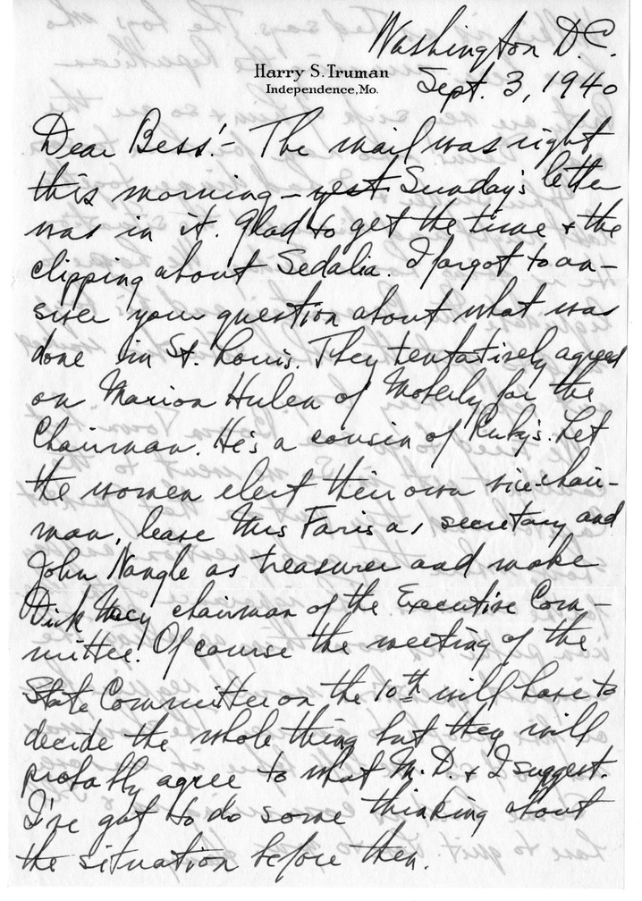 Letter from Harry S. Truman to Bess W. Truman