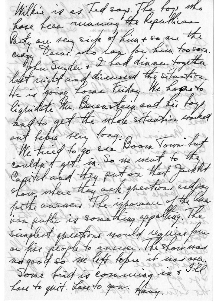 Letter from Harry S. Truman to Bess W. Truman