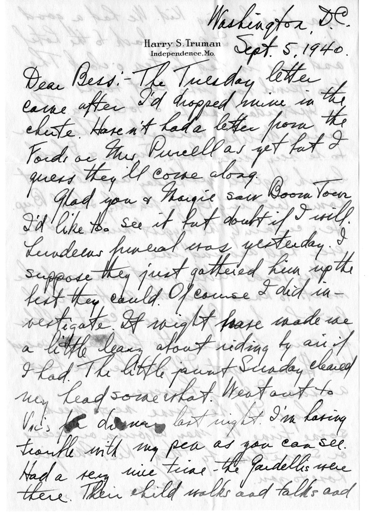 Letter from Harry S. Truman to Bess W. Truman