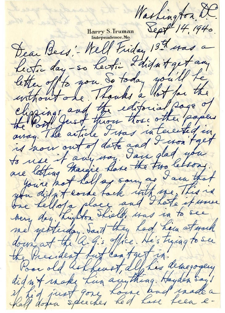 Letter from Harry S. Truman to Bess W. Truman