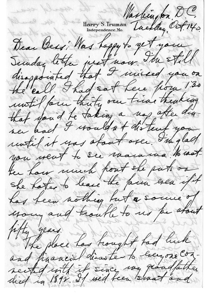 Letter from Harry S. Truman to Bess W. Truman