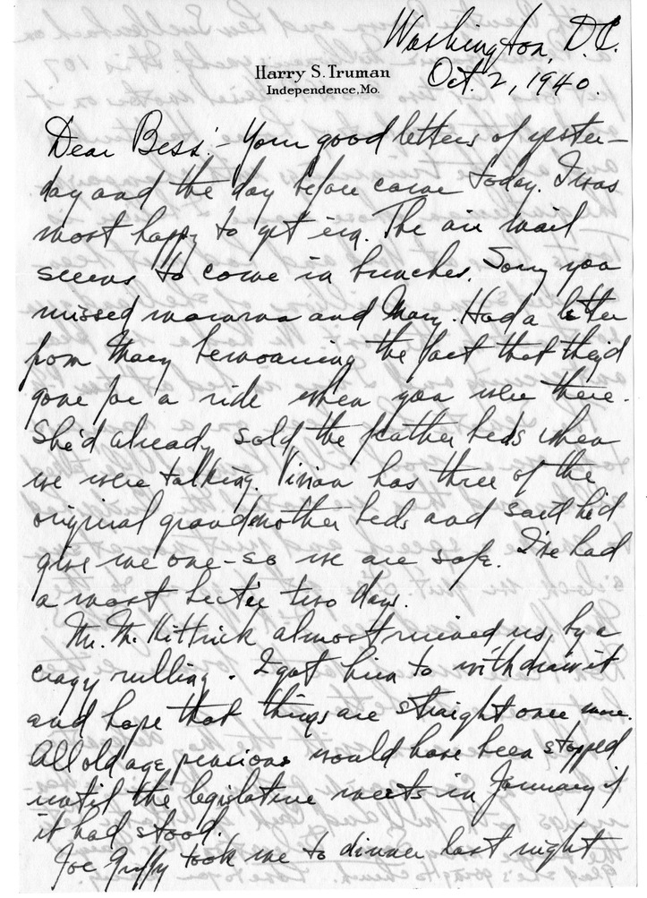 Letter from Harry S. Truman to Bess W. Truman