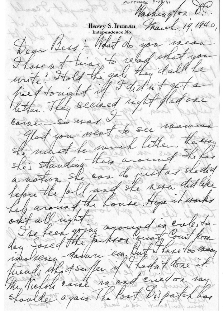 Letter from Harry S. Truman to Bess W. Truman