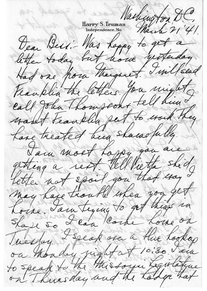 Letter from Harry S. Truman to Bess W. Truman