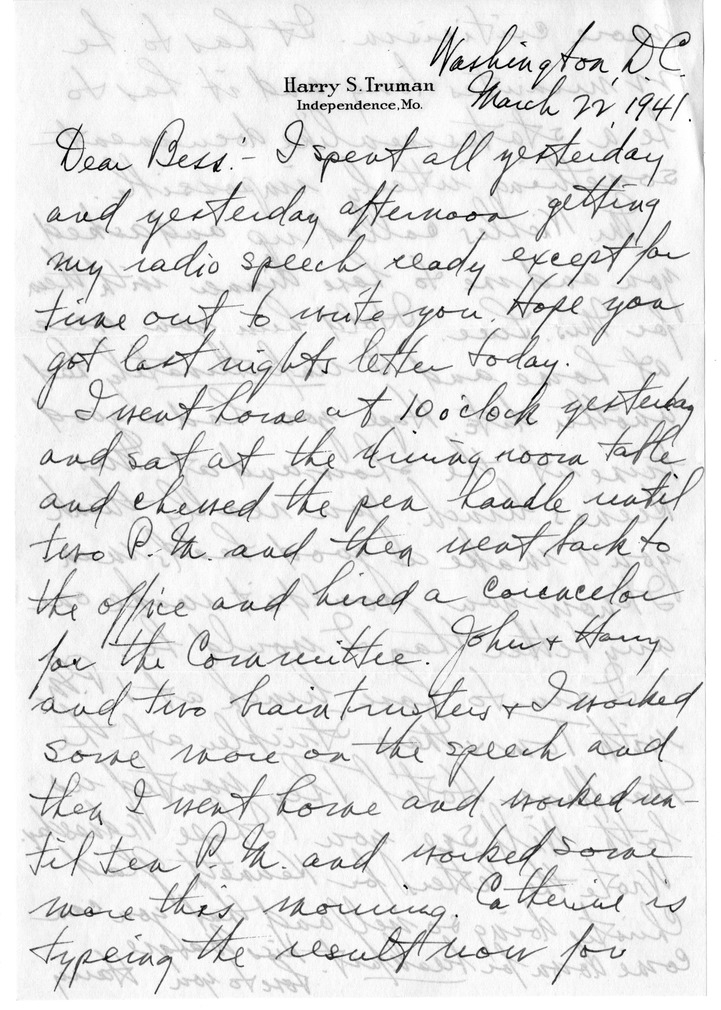 Letter from Harry S. Truman to Bess W. Truman