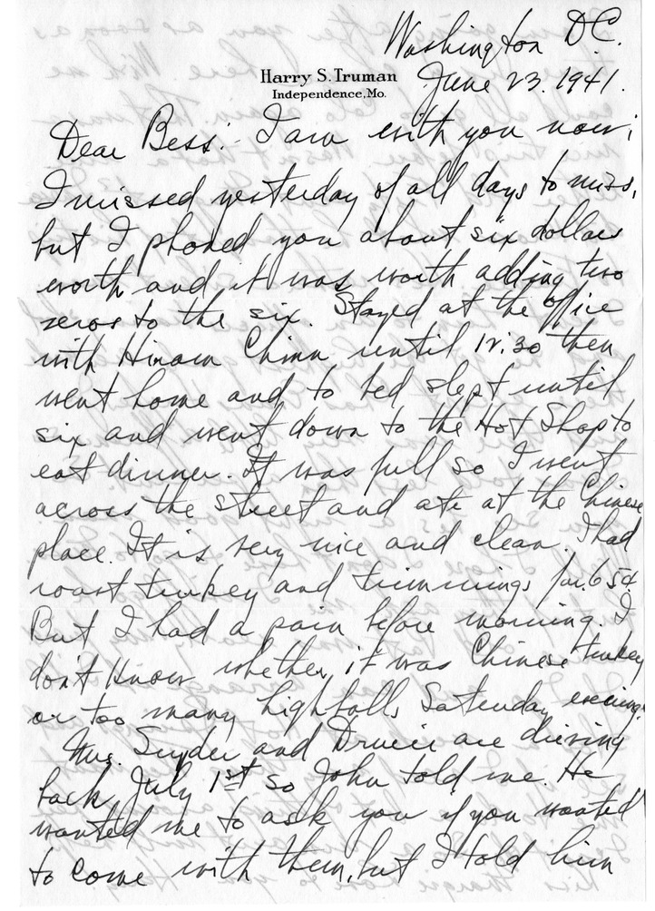 Letter from Harry S. Truman to Bess W. Truman