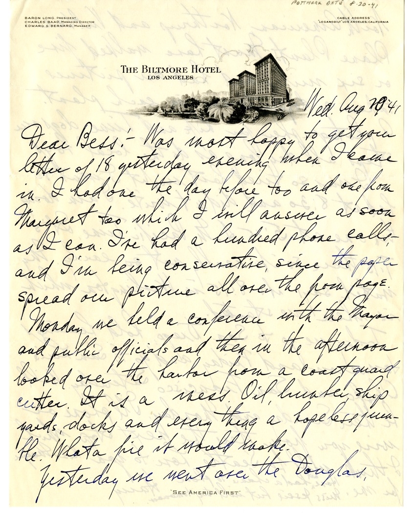 Letter from Harry S. Truman to Bess W. Truman