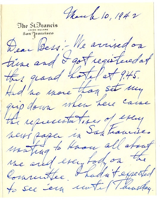 Letter from Harry S. Truman to Bess W. Truman