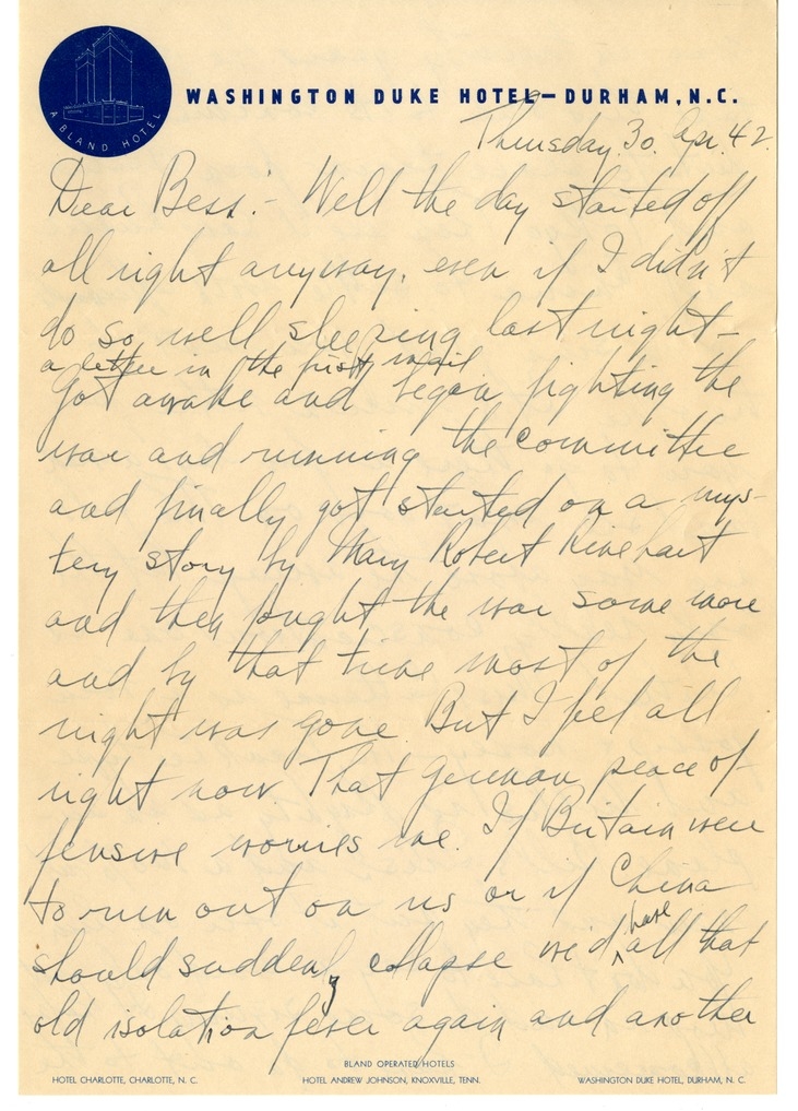 Letter from Harry S. Truman to Bess W. Truman