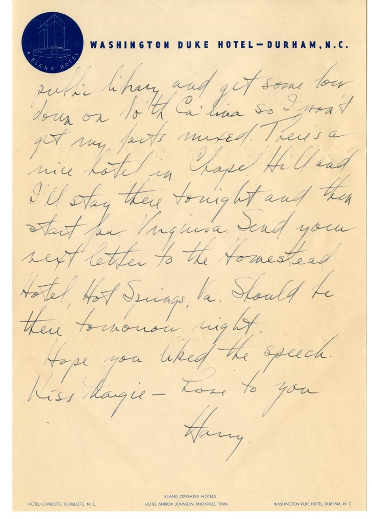 Letter from Harry S. Truman to Bess W. Truman