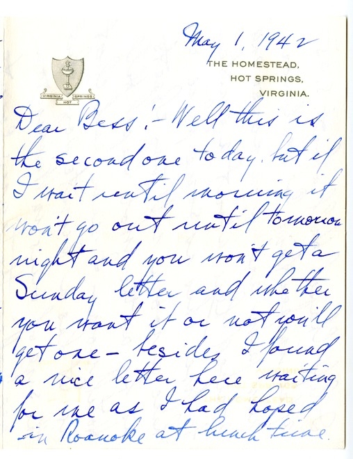 Letter from Harry S. Truman to Bess W. Truman