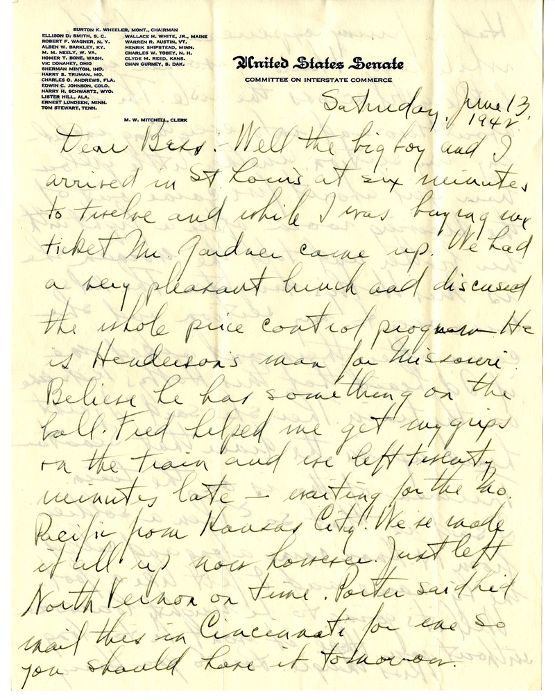 Letter from Harry S. Truman to Bess W. Truman