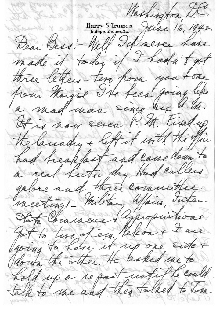 Letter from Harry S. Truman to Bess W. Truman