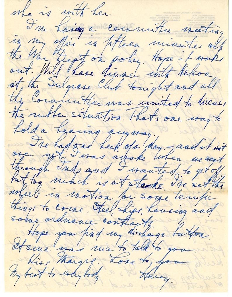 Letter from Harry S. Truman to Bess W. Truman