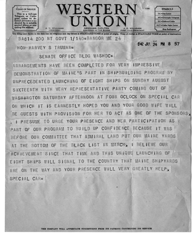 Telegram from Senator Ralph O. Brewster to Harry S. Truman with Reply