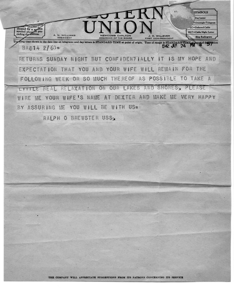 Telegram from Senator Ralph O. Brewster to Harry S. Truman with Reply