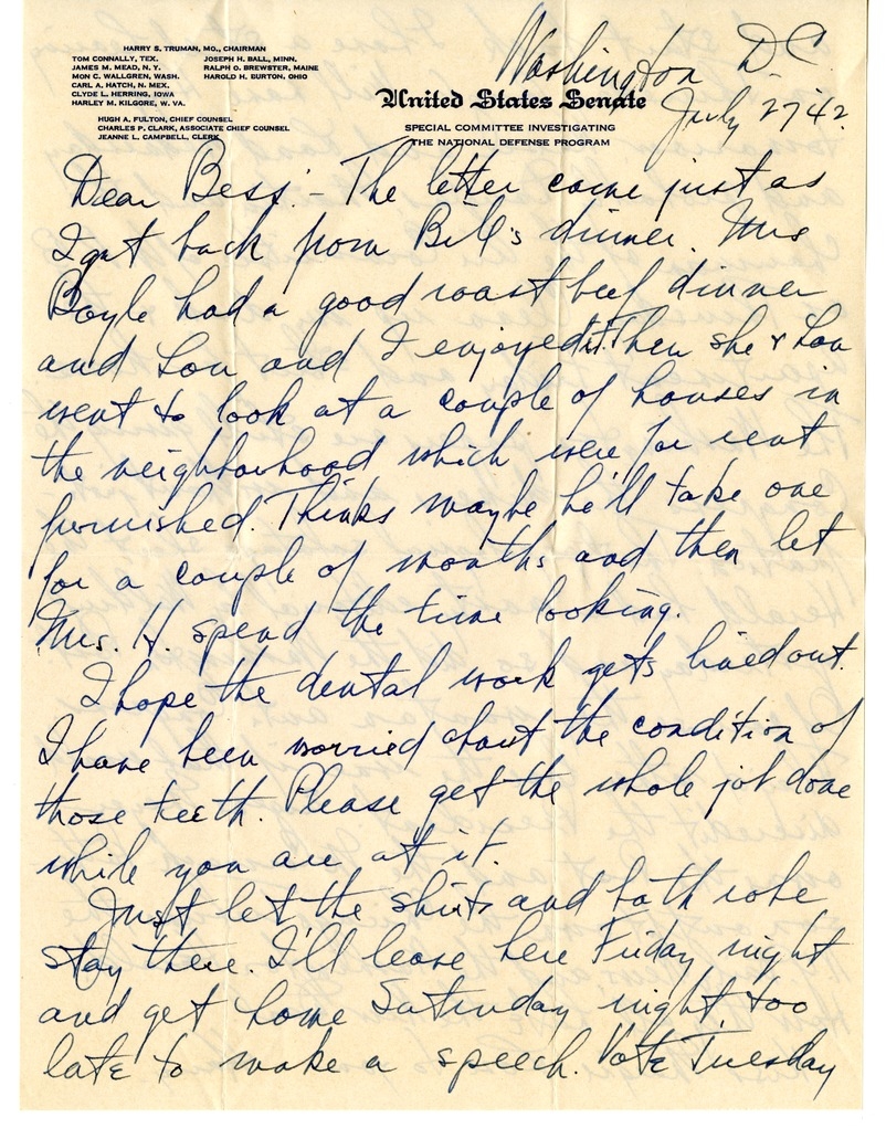 Letter from Harry S. Truman to Bess W. Truman