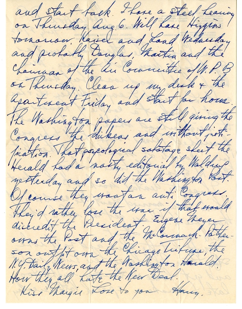 Letter from Harry S. Truman to Bess W. Truman