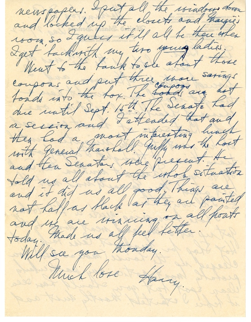 Letter from Harry S. Truman to Bess W. Truman