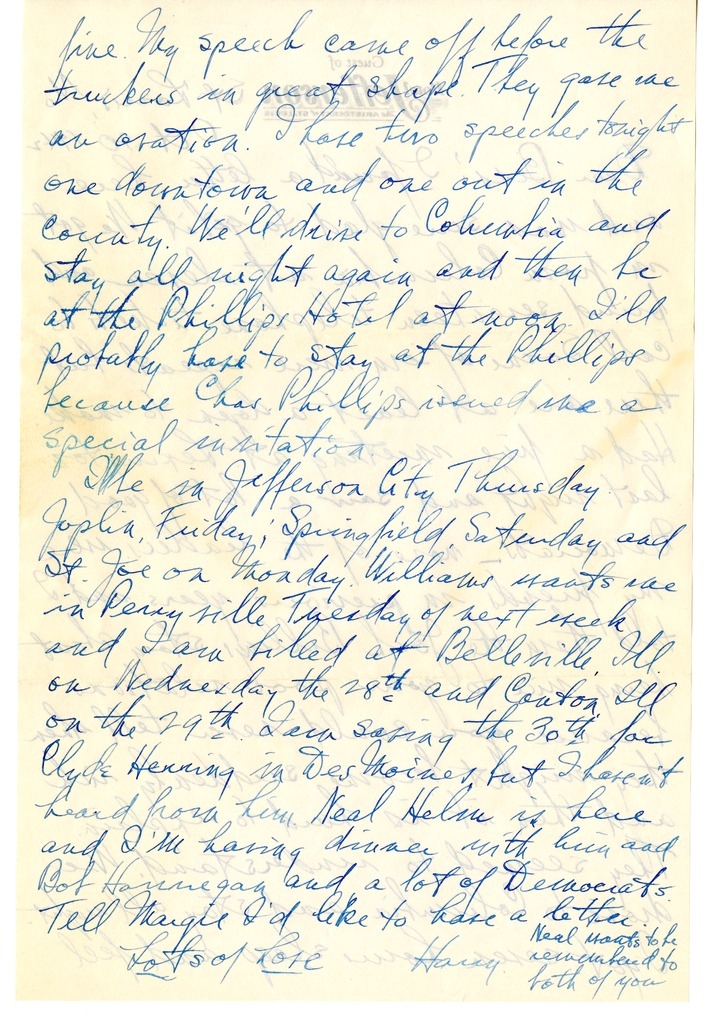 Letter from Harry S. Truman to Bess W. Truman