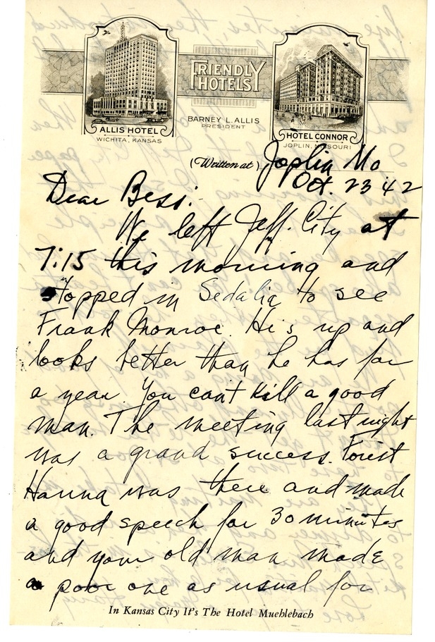 Letter from Harry S. Truman to Bess W. Truman