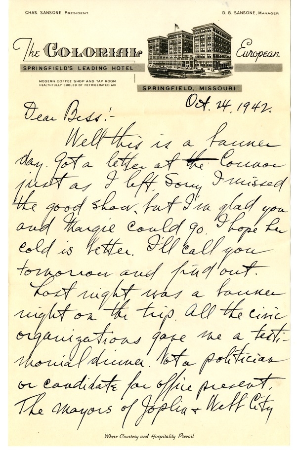 Letter from Harry S. Truman to Bess W. Truman