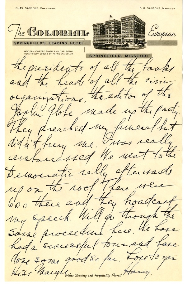 Letter from Harry S. Truman to Bess W. Truman