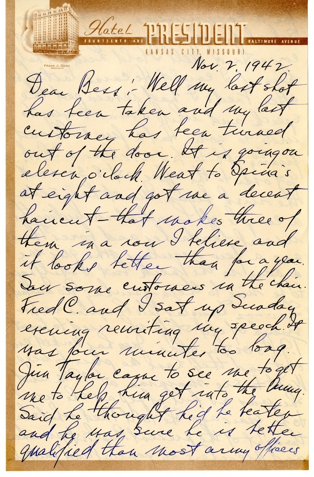 Letter from Harry S. Truman to Bess W. Truman