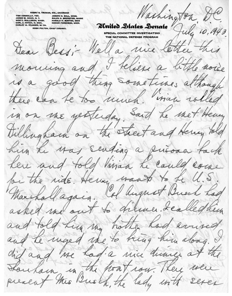 Letter from Harry S. Truman to Bess W. Truman