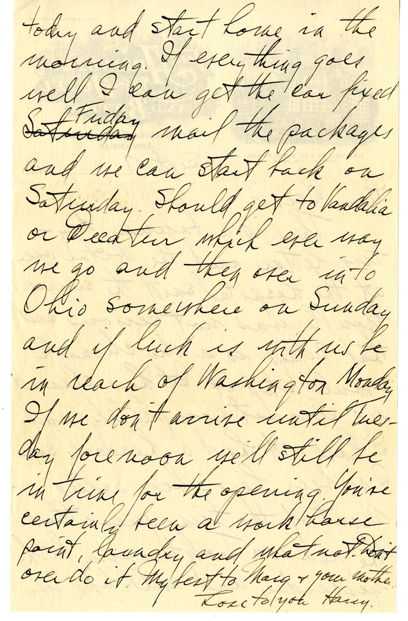 Letter from Harry S. Truman to Bess W. Truman