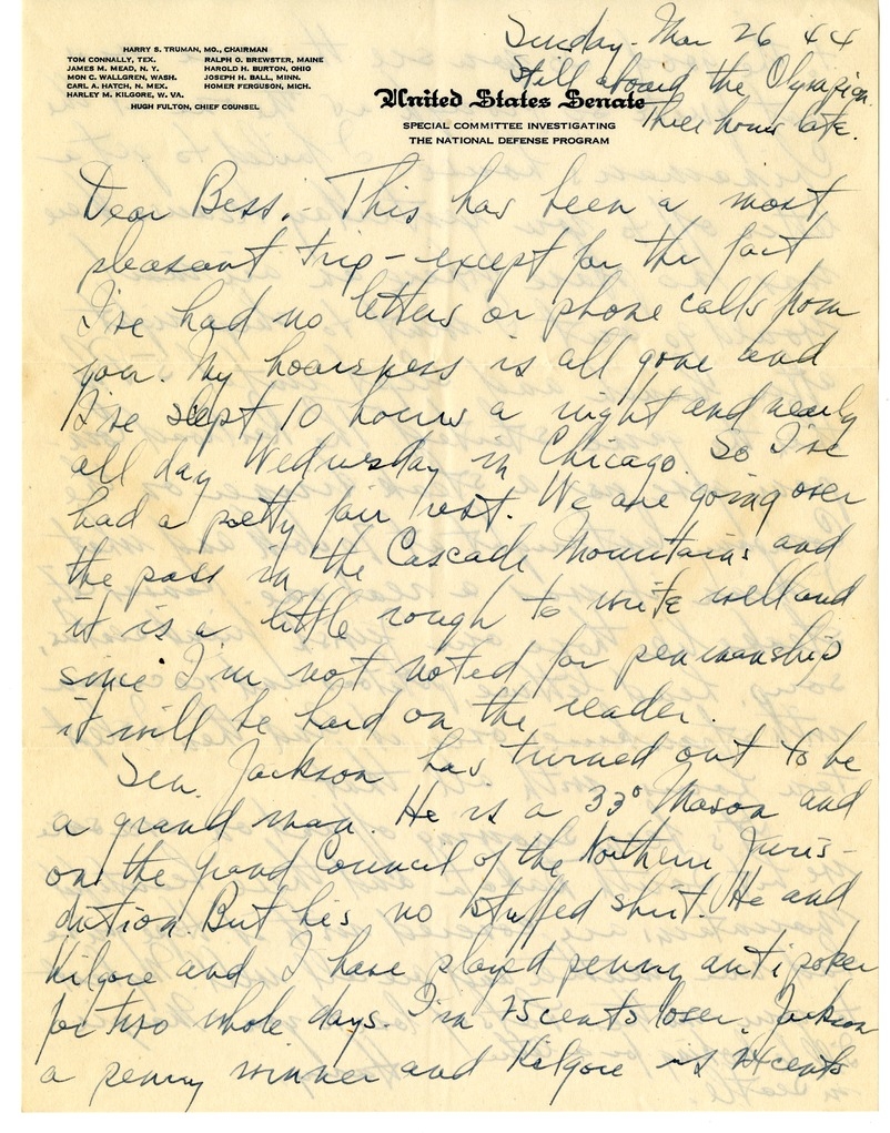 Letter from Harry S. Truman to Bess W. Truman