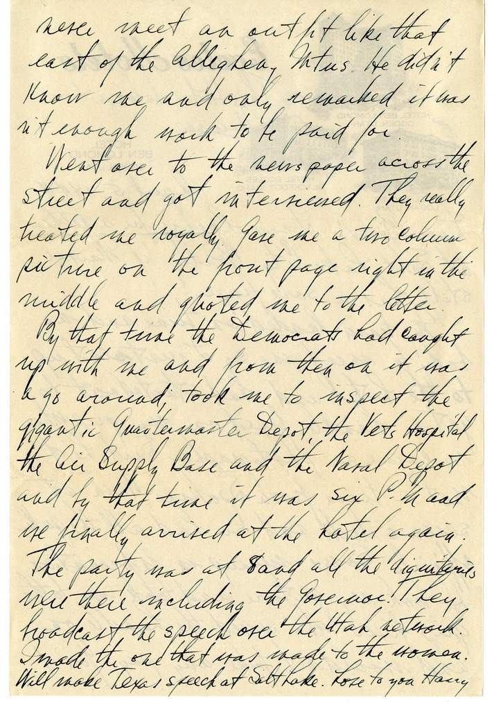 Letter from Harry S. Truman to Bess W. Truman