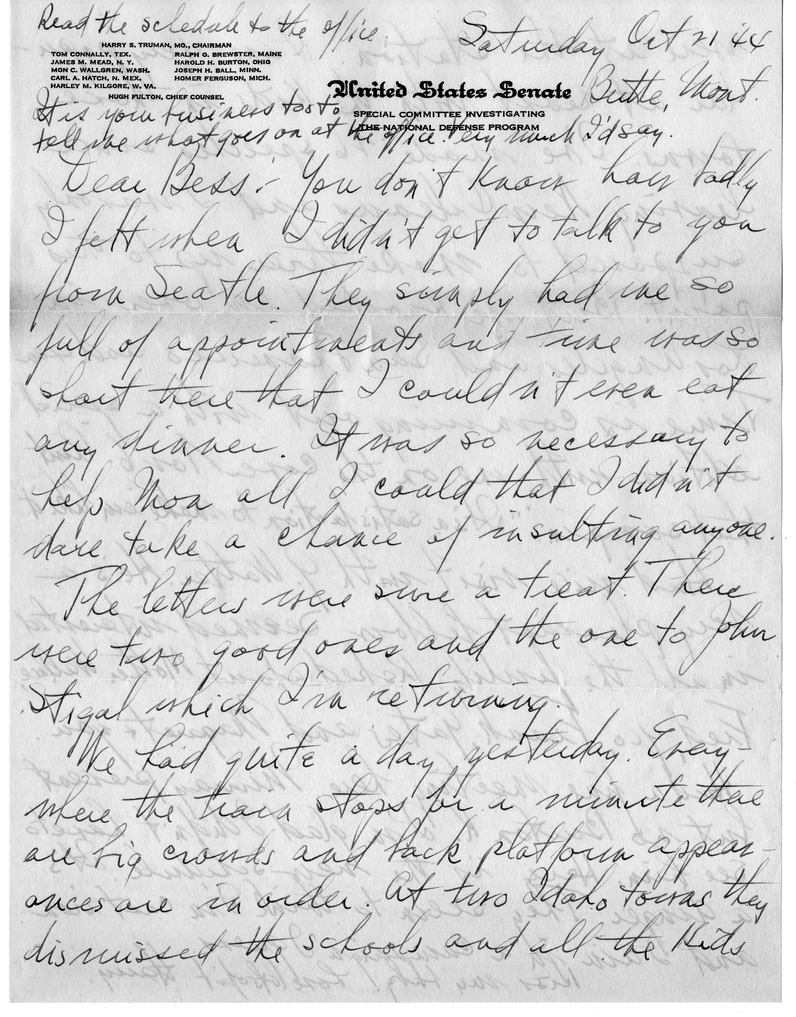 Letter from Harry S. Truman to Bess W. Truman