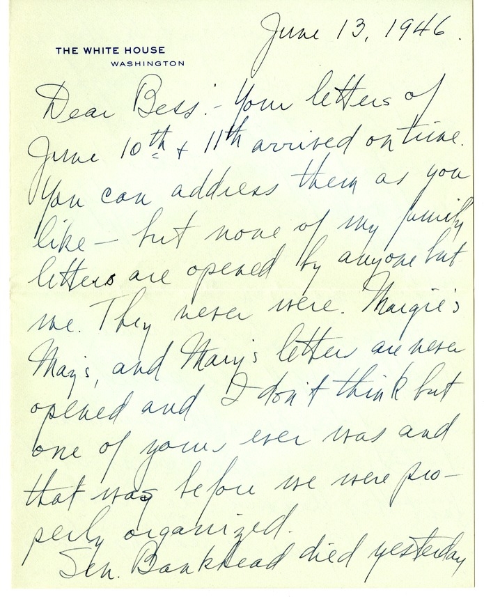 Letter from Harry S. Truman to Bess W. Truman