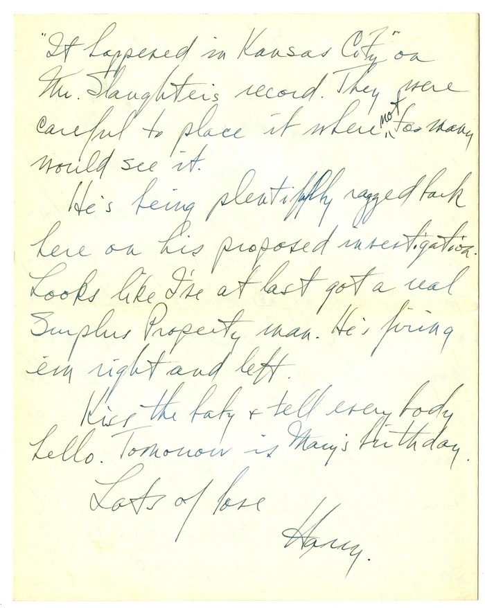 Letter from Harry S. Truman to Bess W. Truman