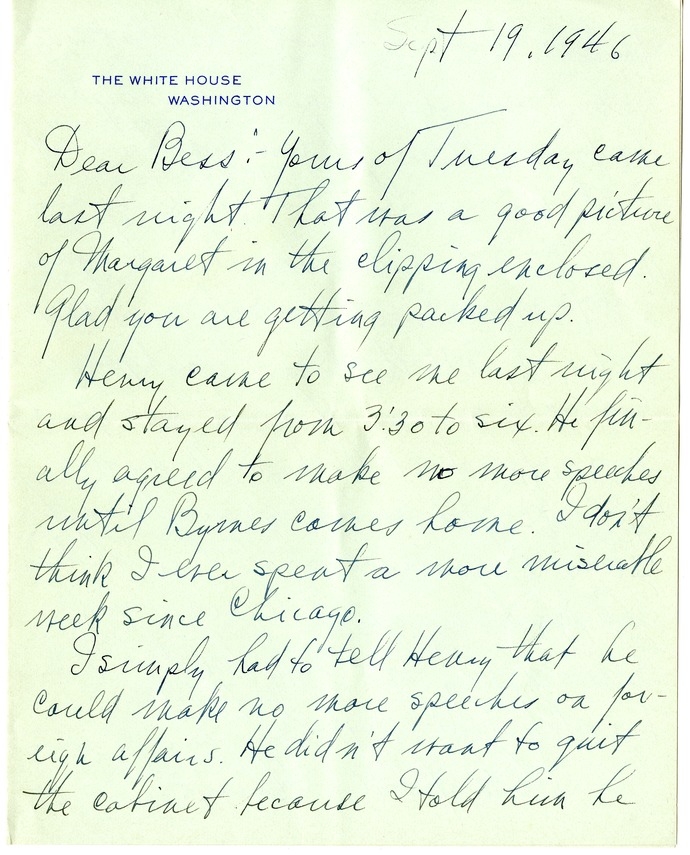 Letter from Harry S. Truman to Bess W. Truman