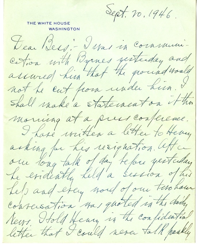 Letter from Harry S. Truman to Bess W. Truman