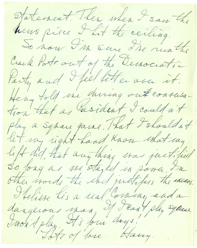 Letter from Harry S. Truman to Bess W. Truman