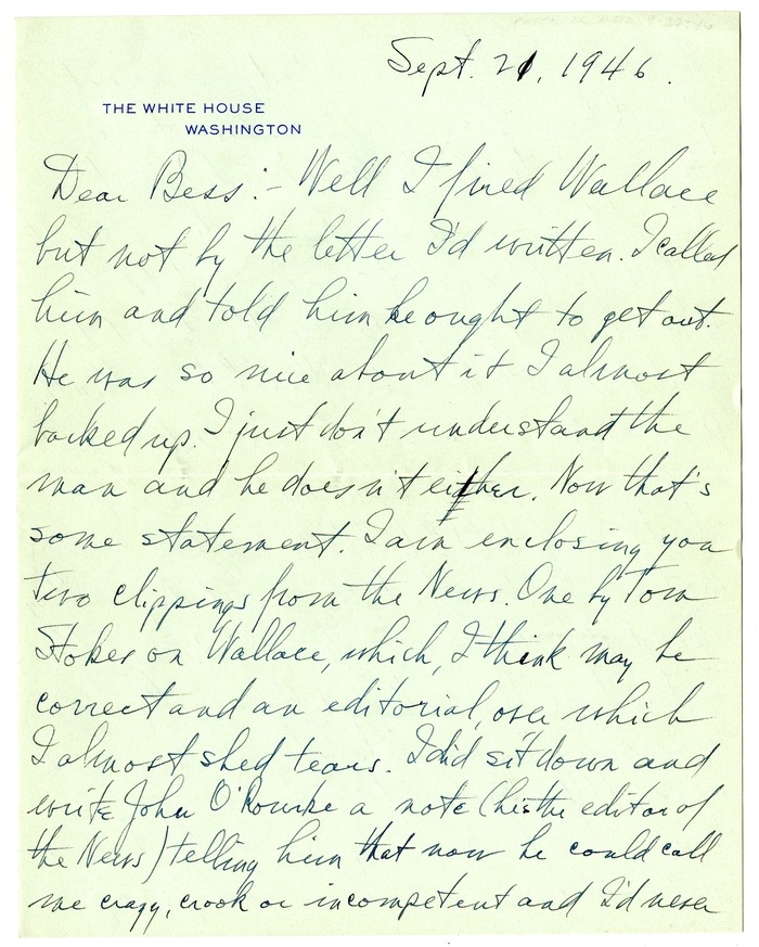 Letter from Harry S. Truman to Bess W. Truman