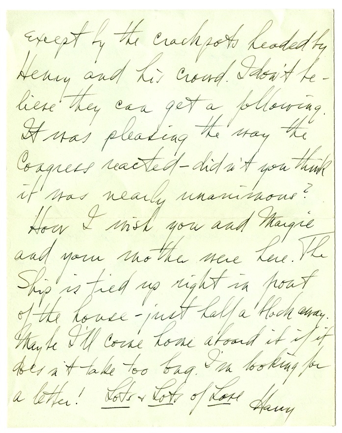 Letter from Harry S. Truman to Bess W. Truman