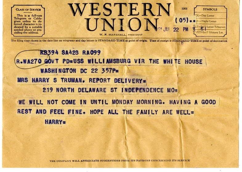 Telegram from Harry S. Truman to Bess W. Truman