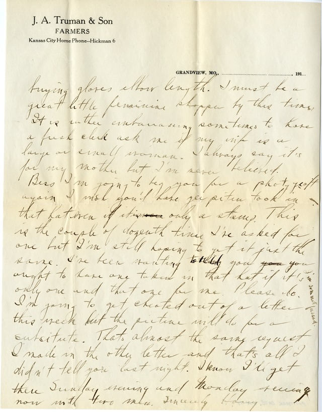 Letter from Harry S. Truman to Bess Wallace