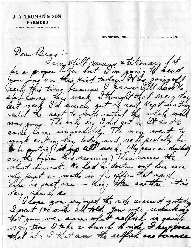 Letter from Harry S. Truman to Bess Wallace